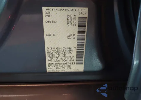 2015 Nissan Altima 2.5 Sl z USA, uszkodzony, nr VIN 1N4AL3AP3FN867483